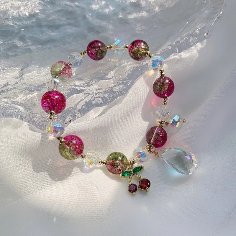 

Summer Sweet Trendy Purple Shiny Crystal Beads Bracelet with Cherry Pendant Luxurious Versatile Best Friend Gift Korean Jewelry
