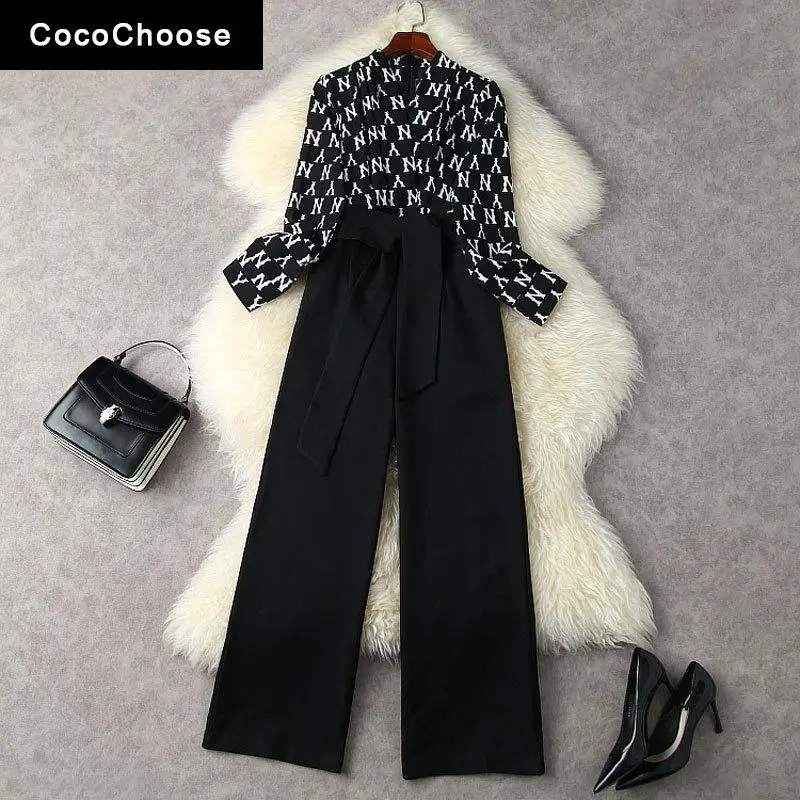 

Office Black Jumpsuit For Women Spring 2022 Urban Fashion Elegant V-neck Letters Patchwork Black Long Wide Leg Pants Jumpsuits