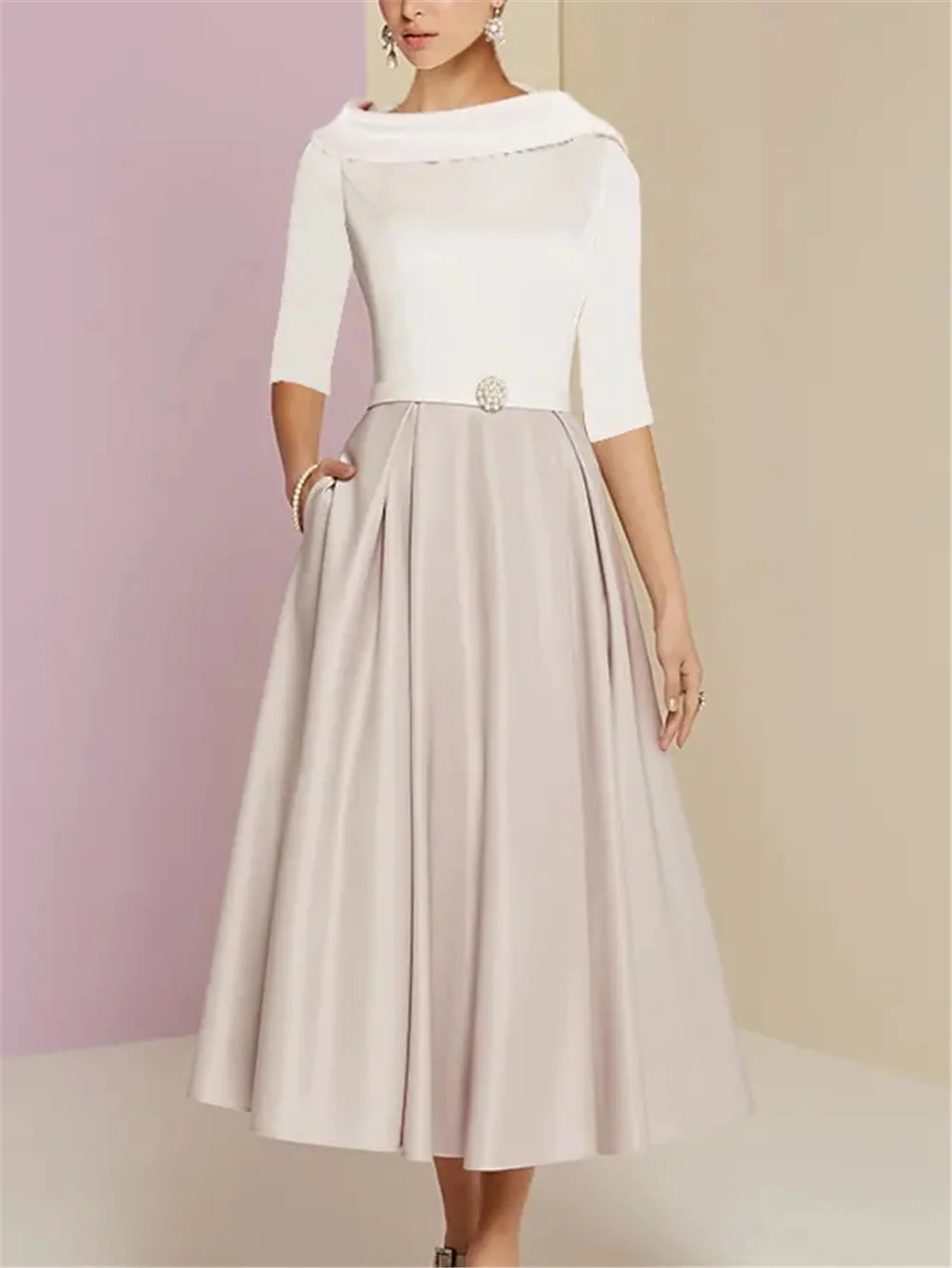 

A-Line Mother of the Bride Dress Elegant Vintage Jewel Neck Tea Length Charmeuse Half Sleeve with Pleats Crystals