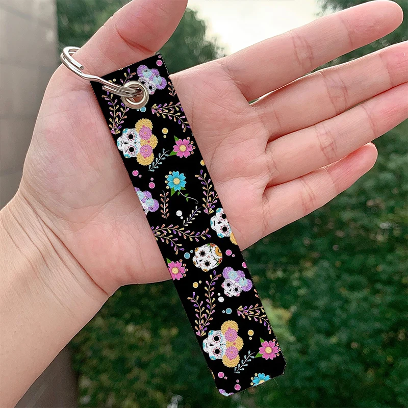 

Day of the dead pattern leather motorcycle Keychain Strap Keyrings Hanging Holder Bag Wallet Trinket Keychain Hanging Bag