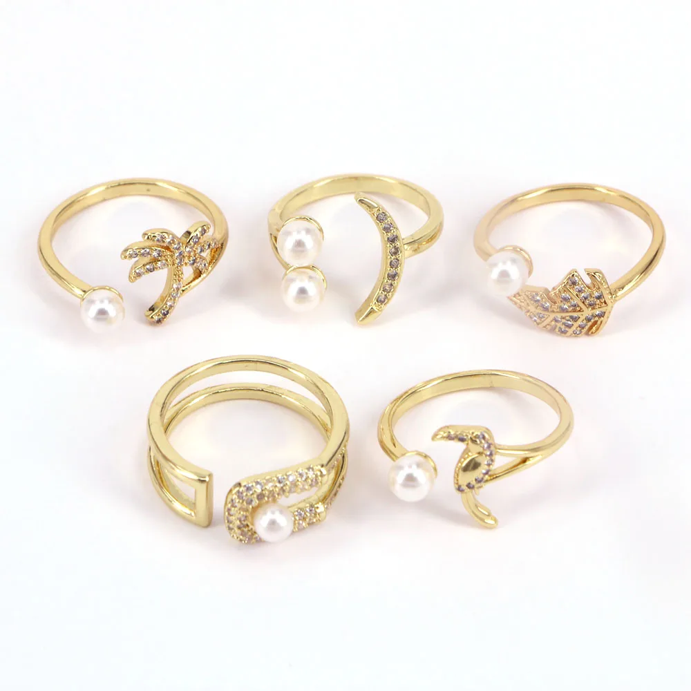 

Кольцо женское с цирконием и жемчугом, открытое Ювелирное Украшение на указательный палец с декором ракушки, дерева, листа, 5 шт.