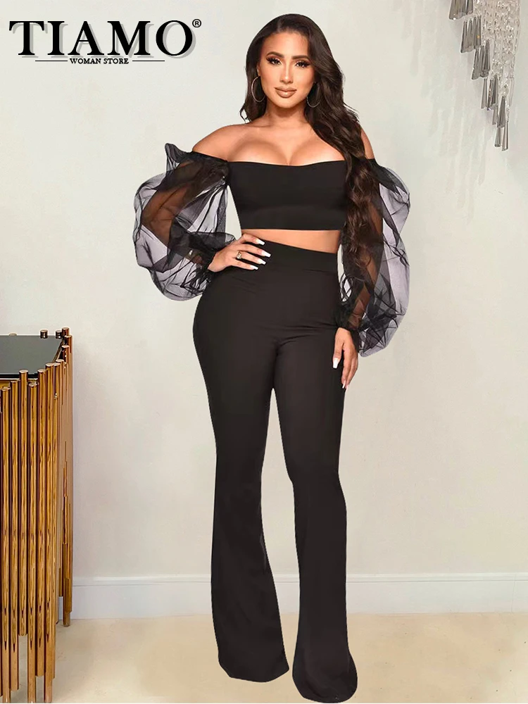 

TIAMO 2 Piece Sets Womens Outfits Wholesale Dropshipping Sexy Solid Color Tube Top Mesh Long Sleeve Top Elegant Flared Pants