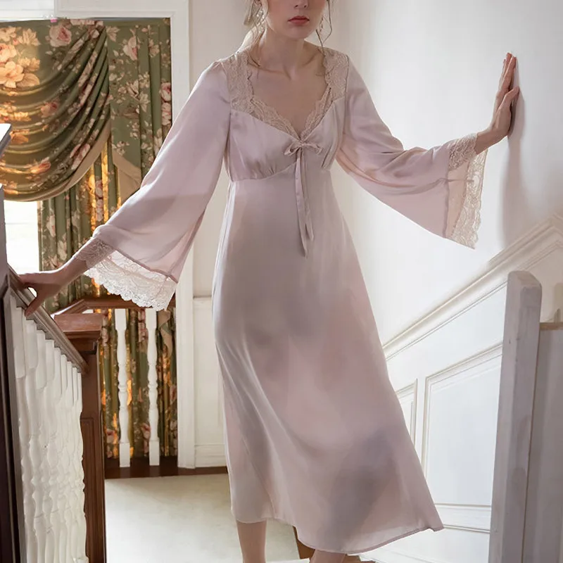CAIYIER V-Neck Sexy Silk Nightdress Women Sweet Lace Sleepdress Retro Palace Long Sleeve Sleepshirts Fashion Party Nightgowns