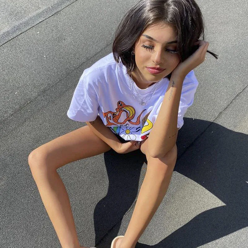 

Women's Cotton Cartoon Abstract Cute Street Short-sleeved T-shirt Pattern Printing Y2K Loose Casual Round Neck Harajuku Clothing