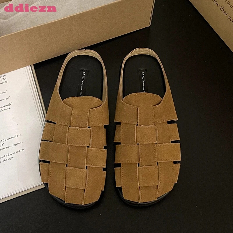 

Женские шлепанцы с круглым носком, летние повседневные шлепанцы без задника, на плоской подошве, 2023