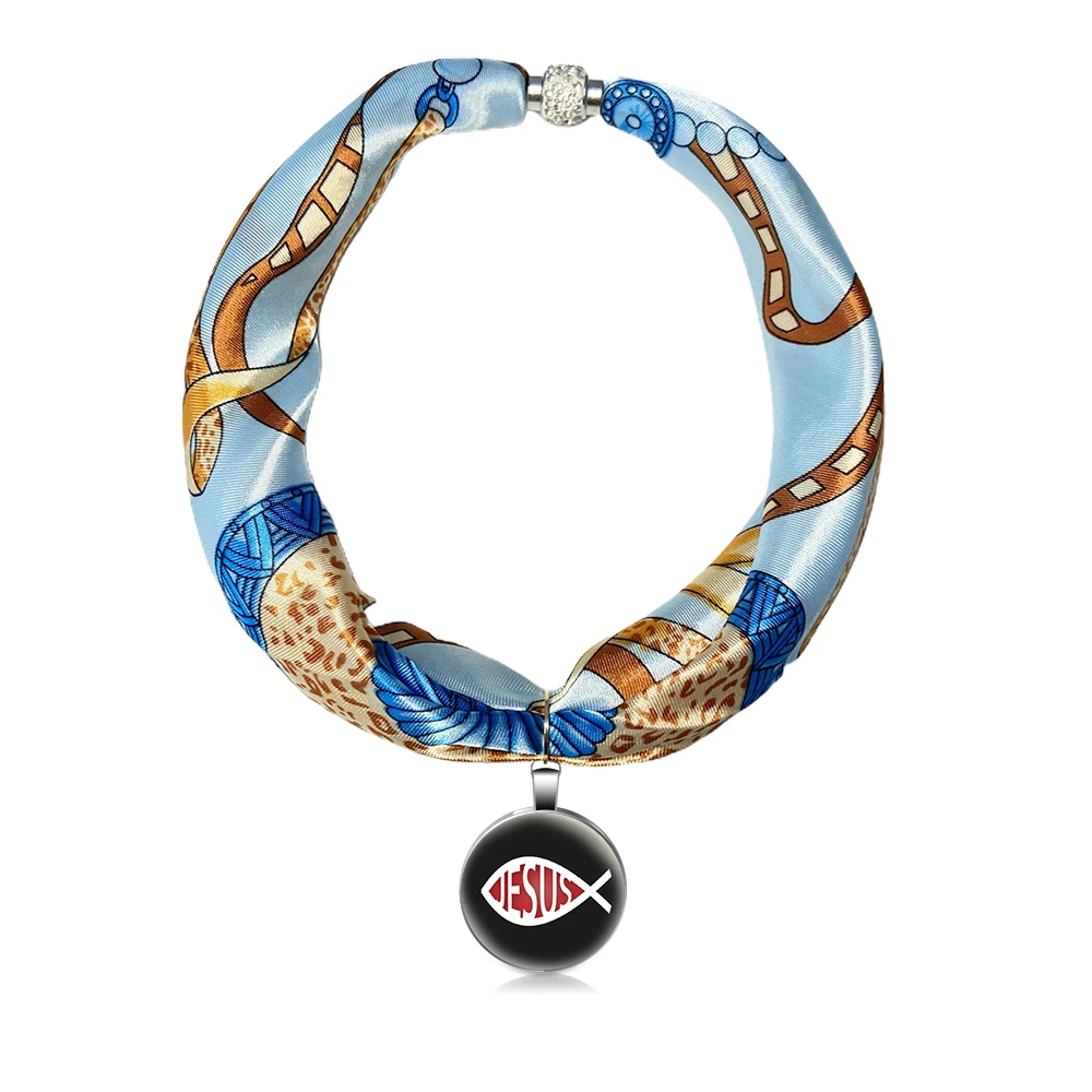 

Necklace Pendant Scarf Women Vintage Neckerchief Foulard Femme Silver Alloy Glass Accessories Hijab Fish Printing
