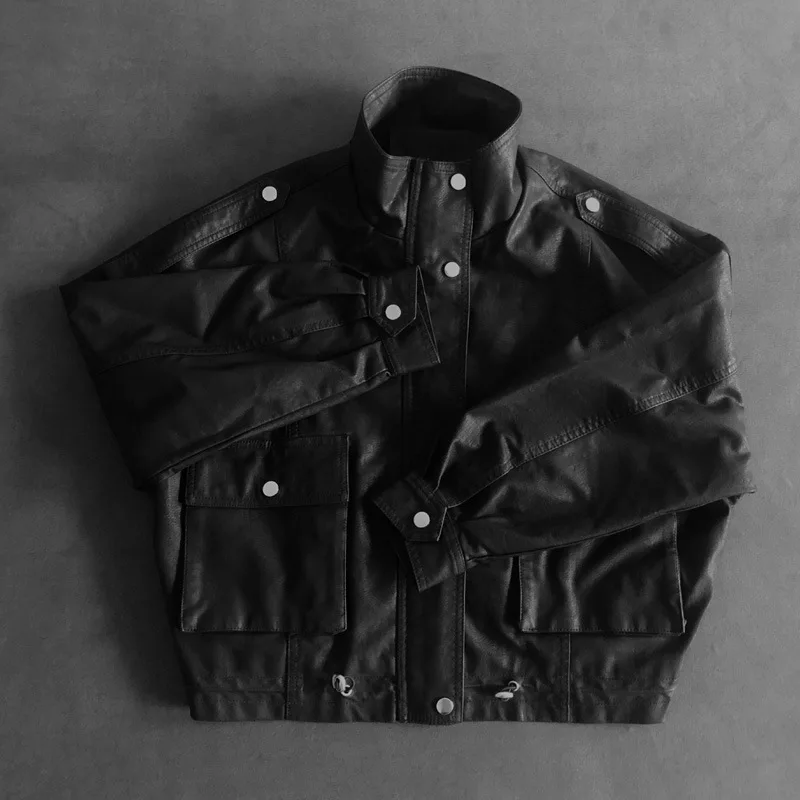 2023 autumn new version of stand-up collar large pocket leather jacket women's motorcycle short style washed leather jacket