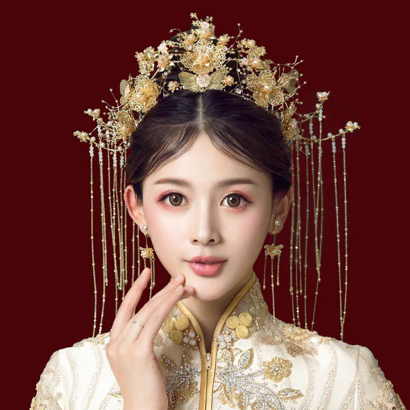 

Vintage Gold Chinese Wedding Bride Phoenix Crown Pearl Crystal Bridal Tiara with Earrings Headpiece Princess Queen Crowns Tiaras