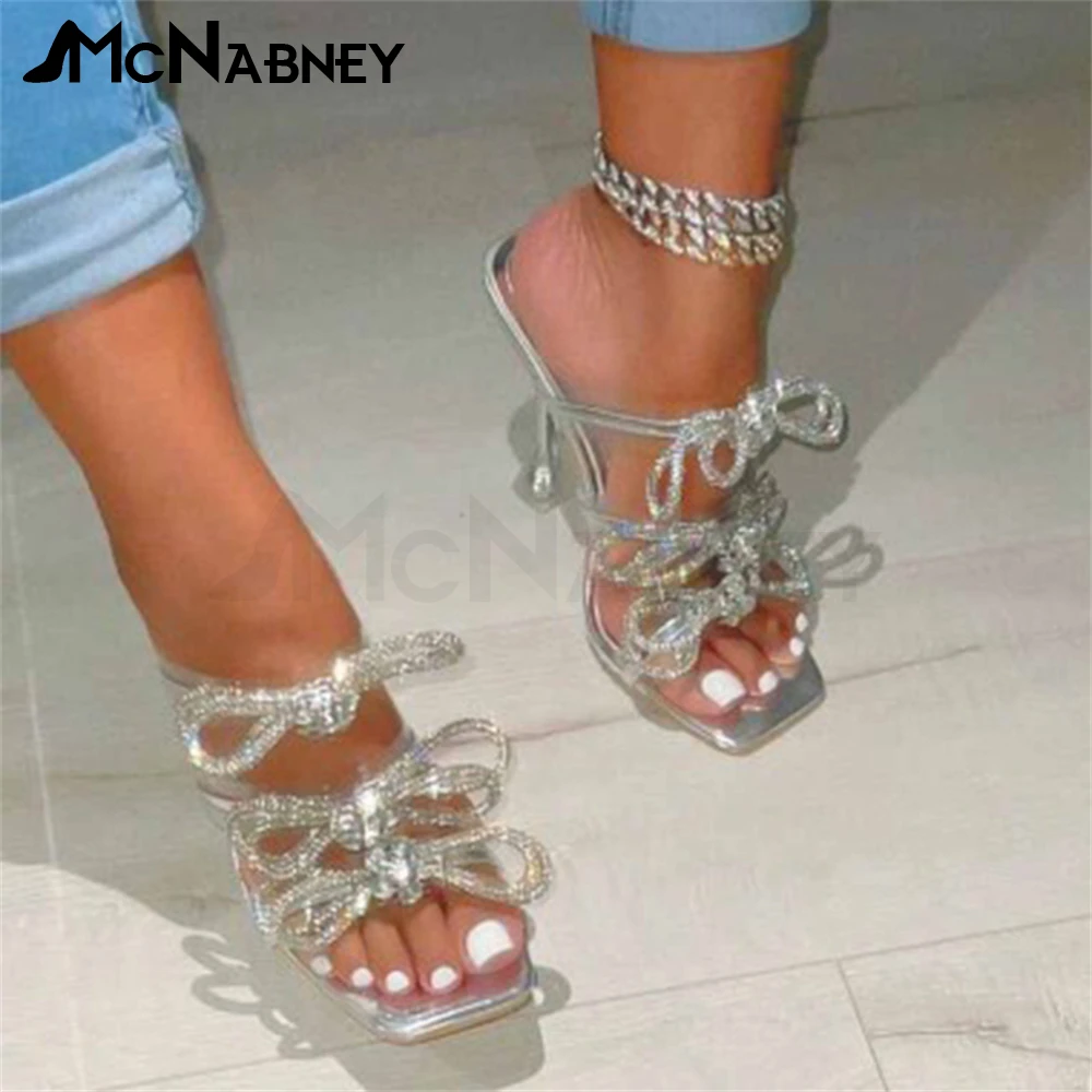 

Butterfly Knot Rhinestone Slippers Gold Silver Bright Leather High Heels Fashion Luxury Style Summer Shoes for Women Comfortable