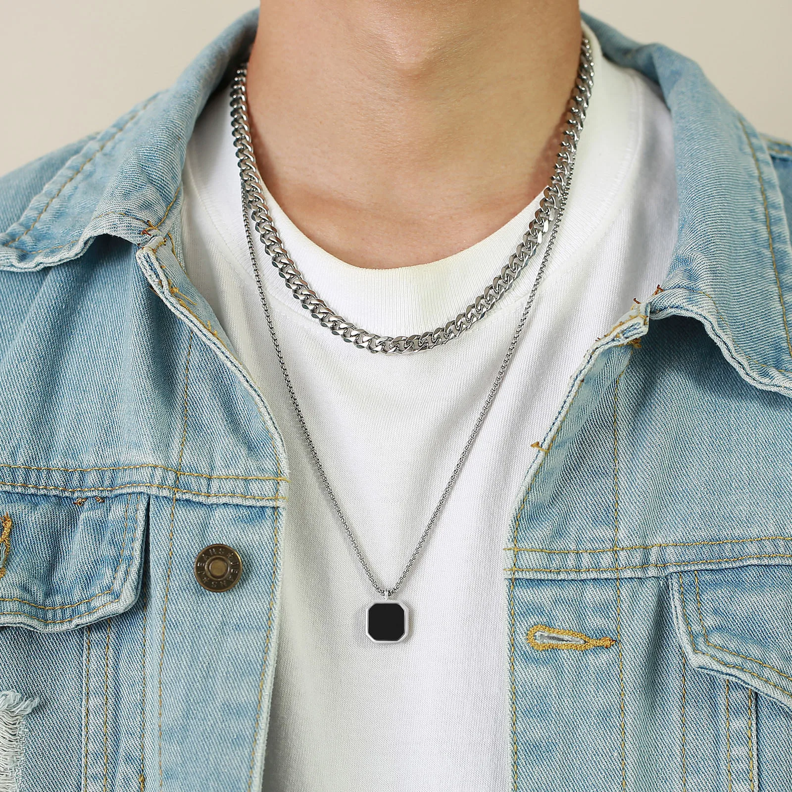 

Stainless steel Necklace For Men Black Square Men's Pendant Turquoise Street Hip-hop Style Jewellery Man Necklac