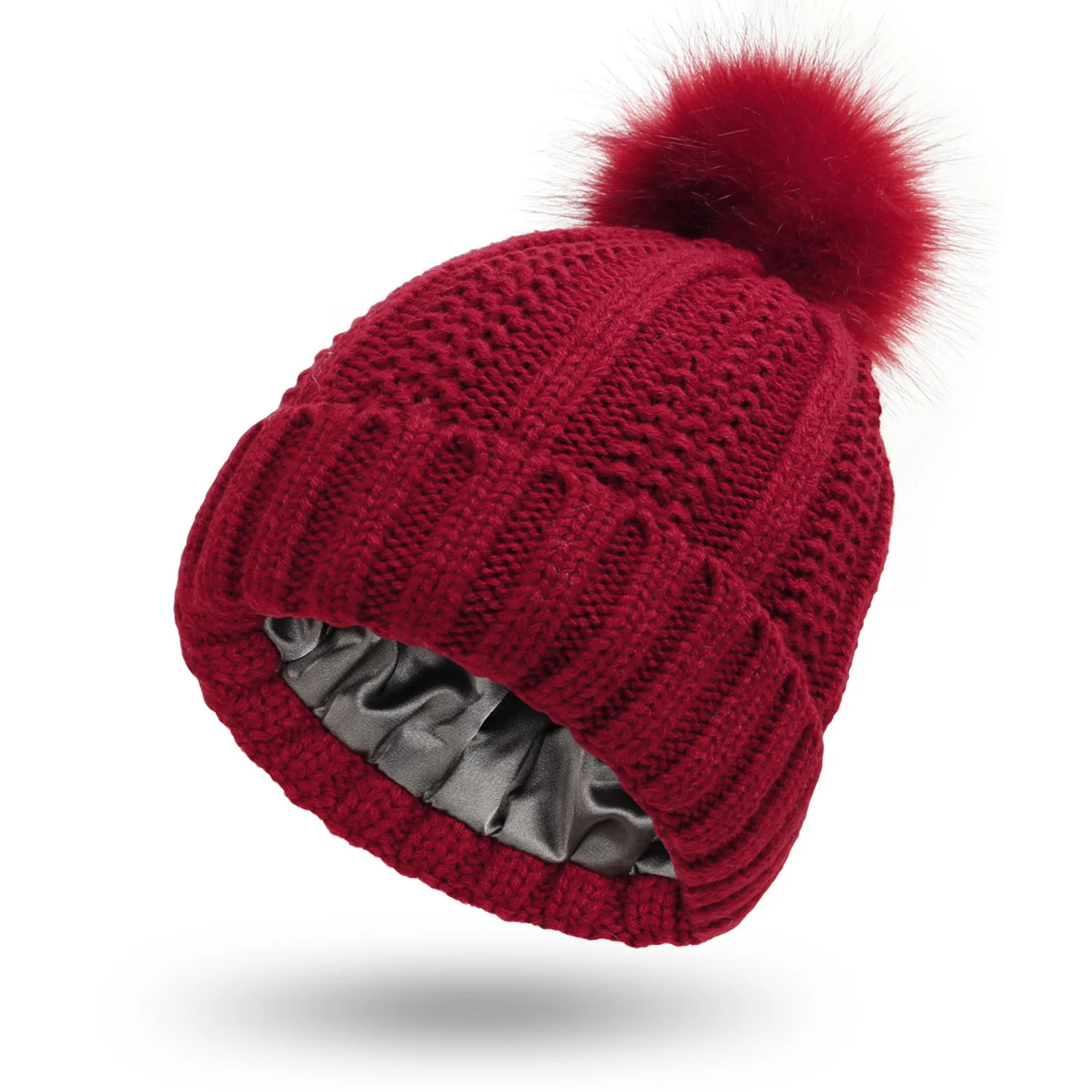 

Womens Satin Lined Beanies Hats with Fur Pom Bobble Hat Skull Cap Rib Knit Cuff Beanie for Women