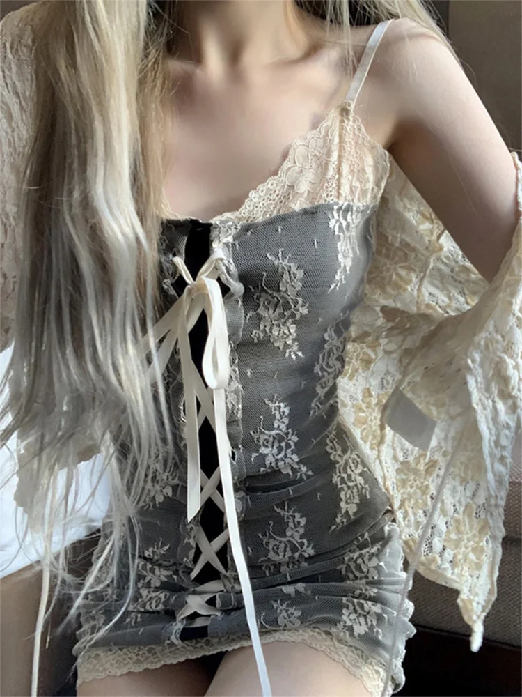 

2023 Dark Women Sexy Matching Sets Korean Style Bandage Lace Patchwork Mini Dress Fairycore Tie Up Blouses Long Sleeve Cardigans