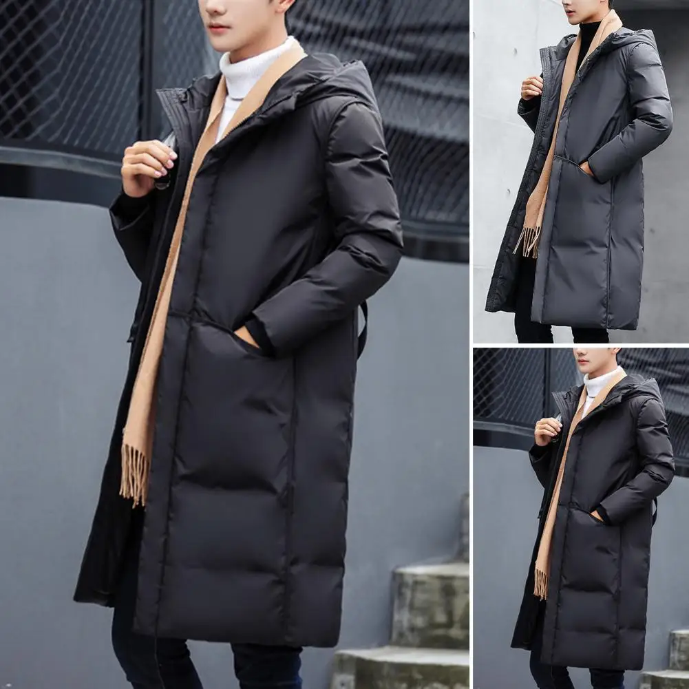 Men Hooded Jacket Cotton Padded Solid Color Long Sleeve Coldproof Outerwear Winter Thicken Fluffy Filling Windbreaker Streetwear