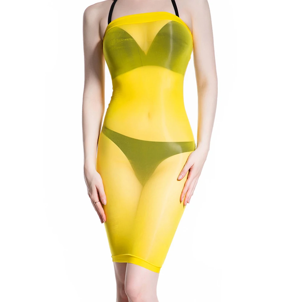 

Women Elastic Oily Glossy Bodycon Tube Dress Ultra Thin Transparent Night Club Wear See-through Sleeveless Short Nightdress A50