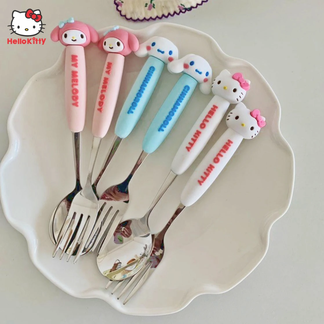 

Sanrio Anime Hello Kitty Meal Spoon Fork Kawaii My Melody Cinnamoroll Children Baby 304 Stainless Steel Portable Tableware Gift