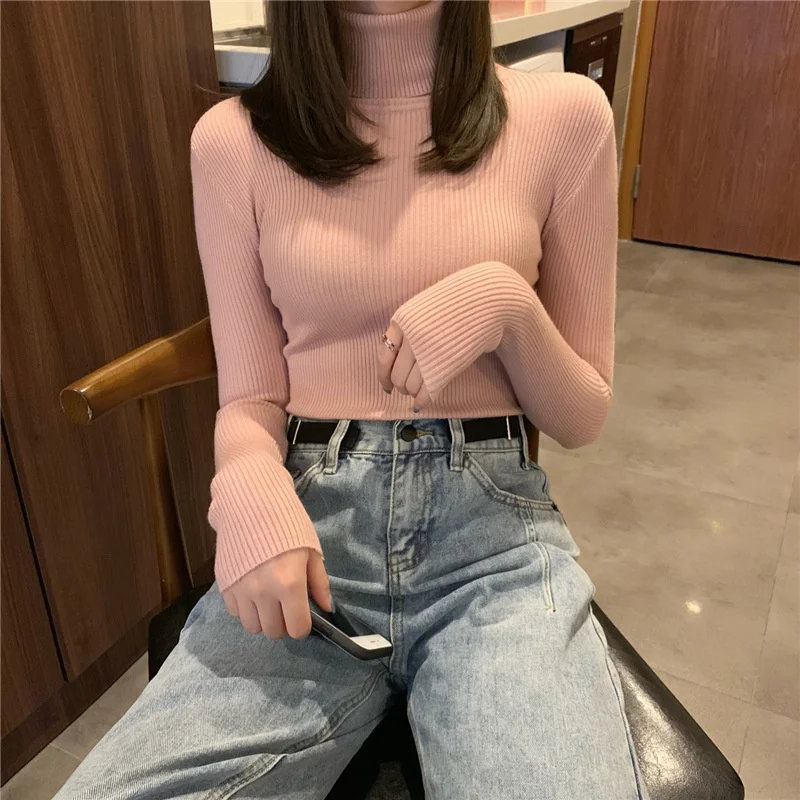 

Женская водолазка осень-зима корейский Тонкий пуловер женский топ Повседневный Мягкий Вязаный мягкий теплый свитер с длинным рукавом