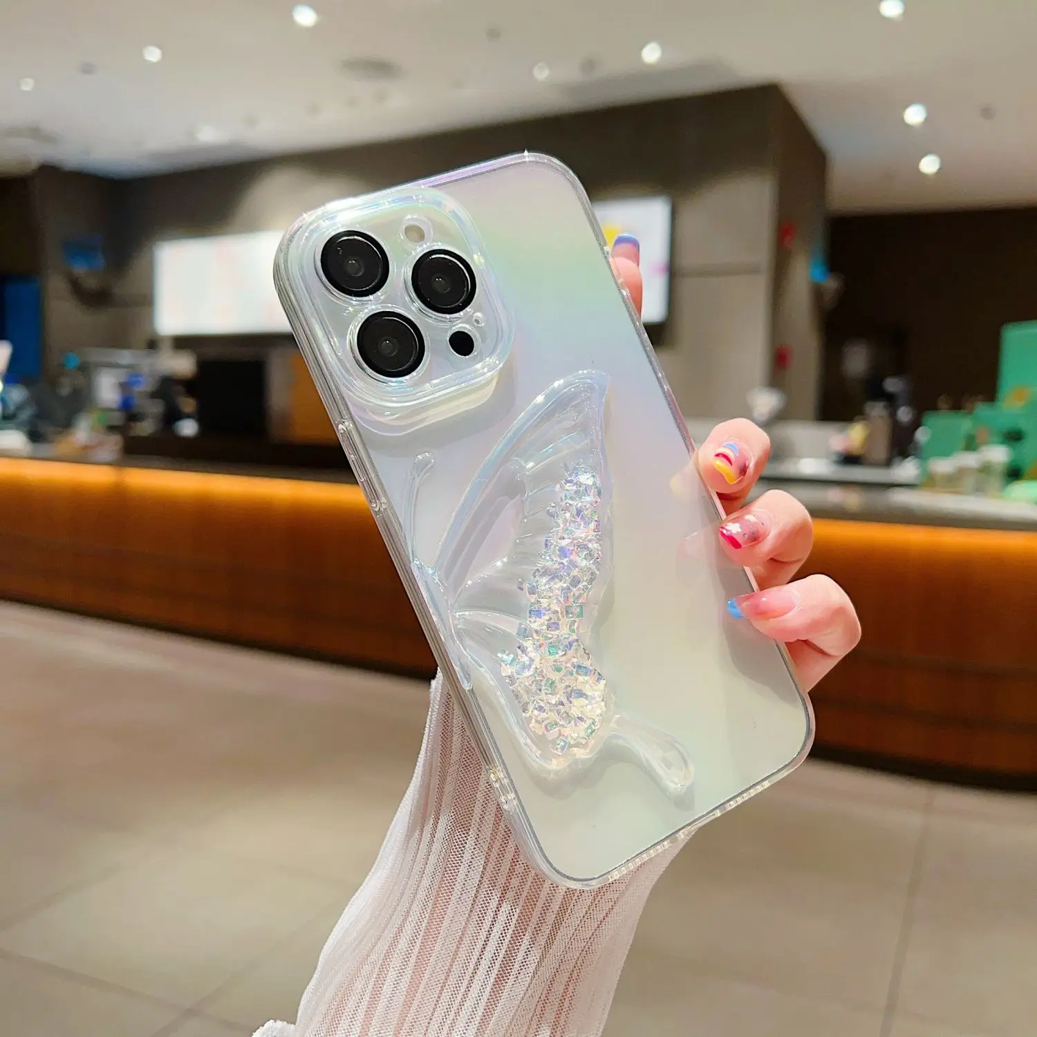 

Luxury Aurora Glitter Quicksand Butterfly Phone Case for iPhone 15 14 Pro Max 11 12 13 Promax Lens Protective Film Soft Cover