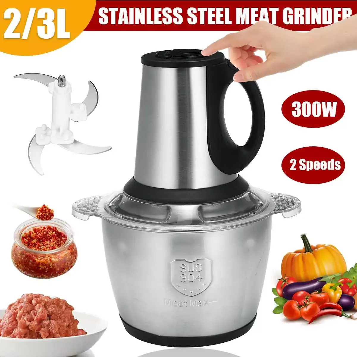 

3 Speeds 3L 2L Electric Chopper Meat Grinder Stainless Steel Mincer Food Processor Kitchen Slicer Egg Beater Garlic Vegetable