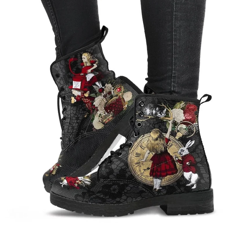 

Martin Boots Autumn/Winter 2022 Fashion Women's Workwear Boots Alice In Wonderland Printed High Top Women's Flat Boots
