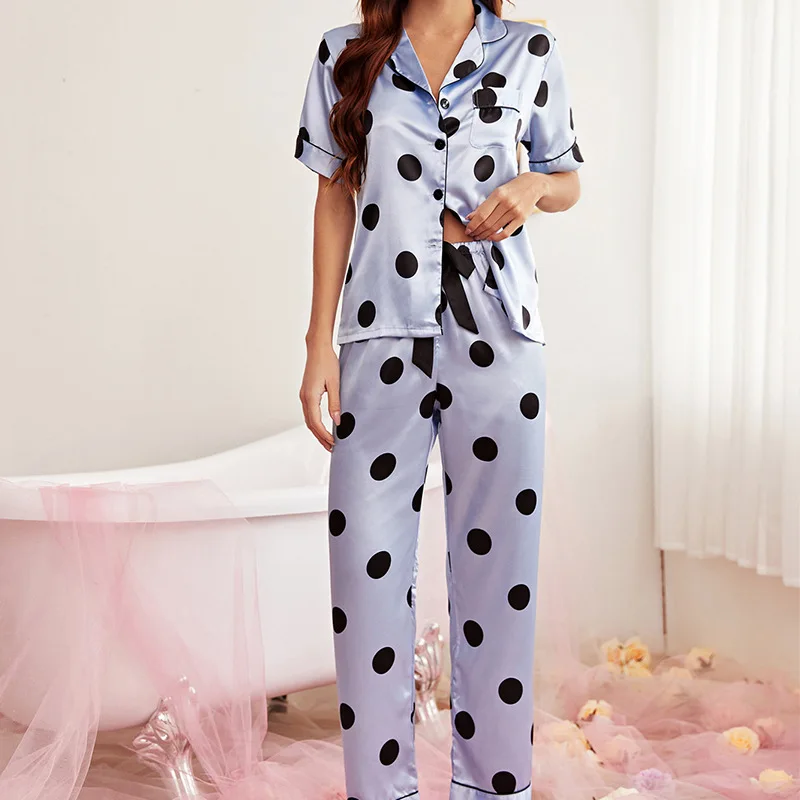 Women's 2 Piece Set Silk Satin Home Clothes Pajamas V Neck Print Sleepwear Short Sleeve Nightwear Suit Female  Pijama