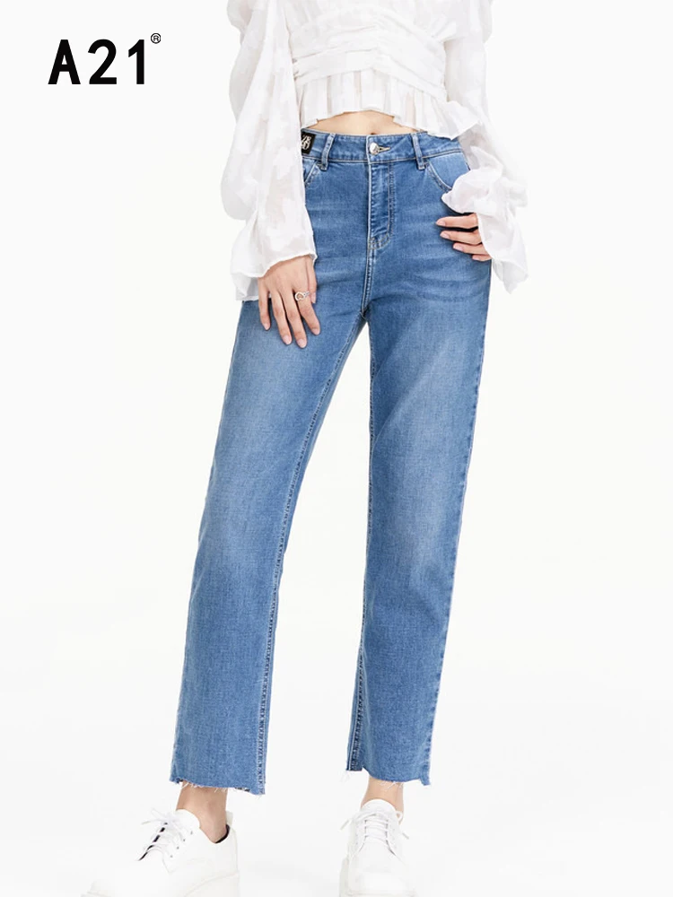 

A21 Womens Casual High-waisted Jeans 2022 Summer New Fashion Vintage Show Thin Denim Trousers Slim Straight-leg Nine-point Pants