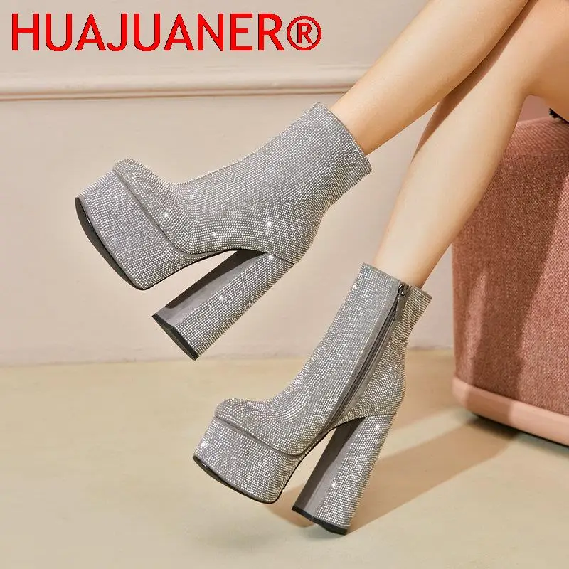 

2022 Fashion Crystal Women Ankle Boots Platform Suqare High Heel Punk Boots Full Suede Autumn Winter Woman Motorcycle Boots