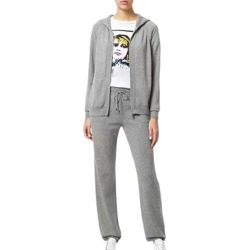 

Женский повседневный комплект из 2 предметов, кашемировая куртка на молнии с капюшоном и эластичные брюки с высокой талией, Осень-зима