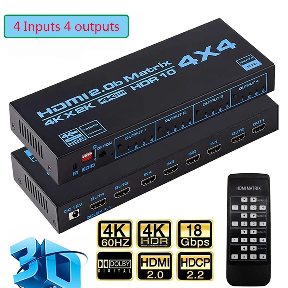 

Матричный коммутатор 4x4 HDMI HDCP 2,2, 4K HDR HDMI матричный коммутатор сплиттер 4 в 4 выхода с экстрактором EDID и ИК-пультом дистанционного управления
