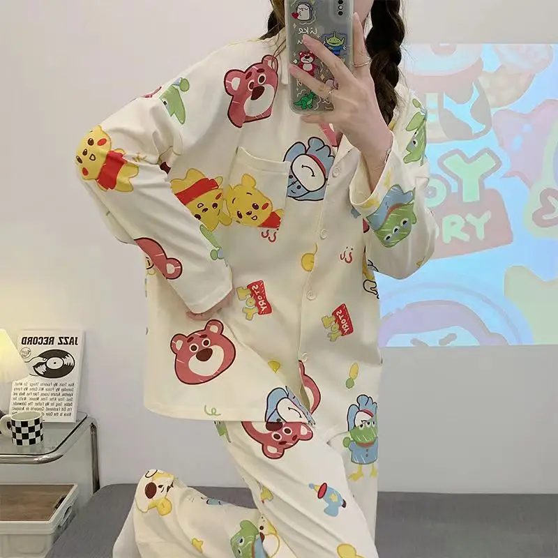 Nightgown for Women 2 Piece Long Sleeve Homesuit Kwaii Anime Pajamas Young Ladies Party Cozy Spring Autumn Home Clothes Bear