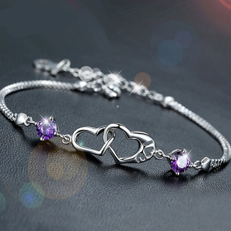 

New 925 Sterling Silver Bracelet Zircon Crystal Heart-to-heart Bracelet for Woman Charm Jewelry Gift
