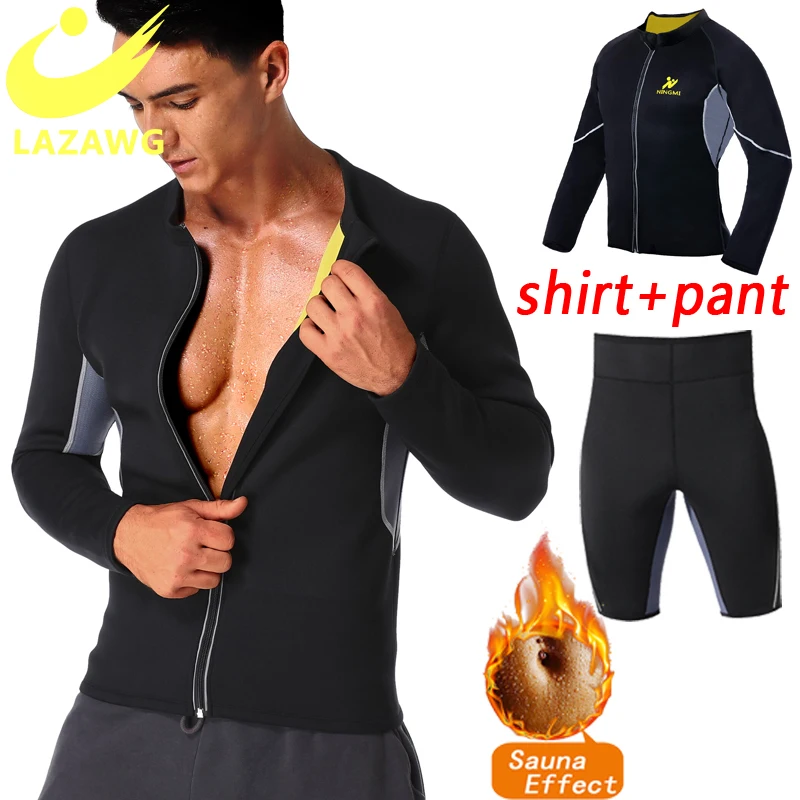 LAZAWG Men Sauna Sweat Suit Set Tops + Pant Body Shaper Shorts Slim Neoprene Shapewear Waist Trainer Vest Workout Shirt Fat Burn