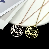 necklace for women stainless steel jewelry woman lotus flower round pendant gold choker neck chain wholesale collares para mujer