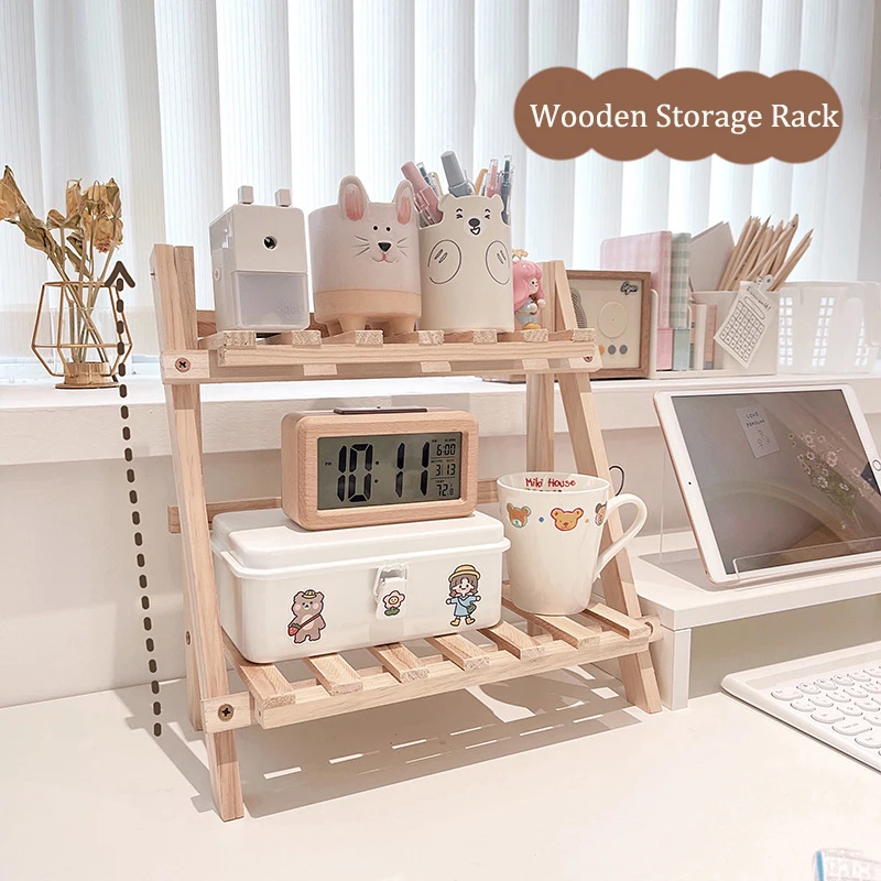 

Storage Rack Wooden Double Layers Commodity Shelf Multifunction Foldable Shelving Hollow-out Desktop Organizer For Dormitory