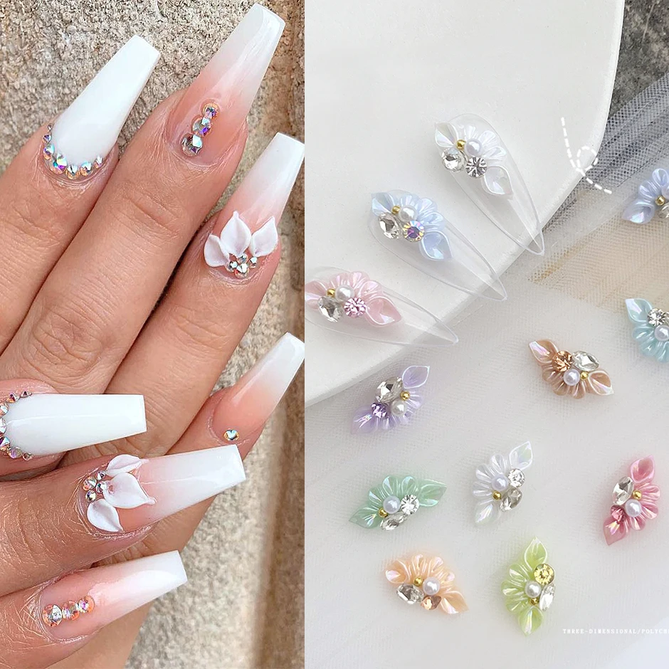 

6pcs Acrylic Engraved Flowers Nails Parts Jewelry 3D Pearl Effect Petal Rhinestones Decoration Kawaii Accessories Supplies LYS17