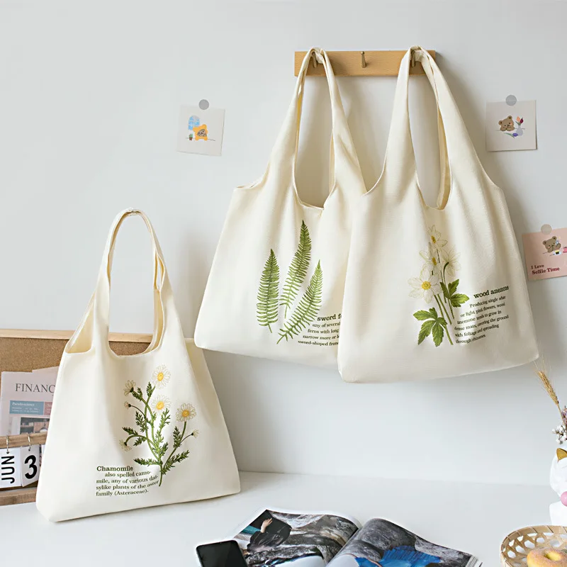 

2022 Canvas Plant Printed Shopper Bag Women Tote Female Large Capacity Girls Fresh Handbag Shoulder Bag Reusable Shopping Bags