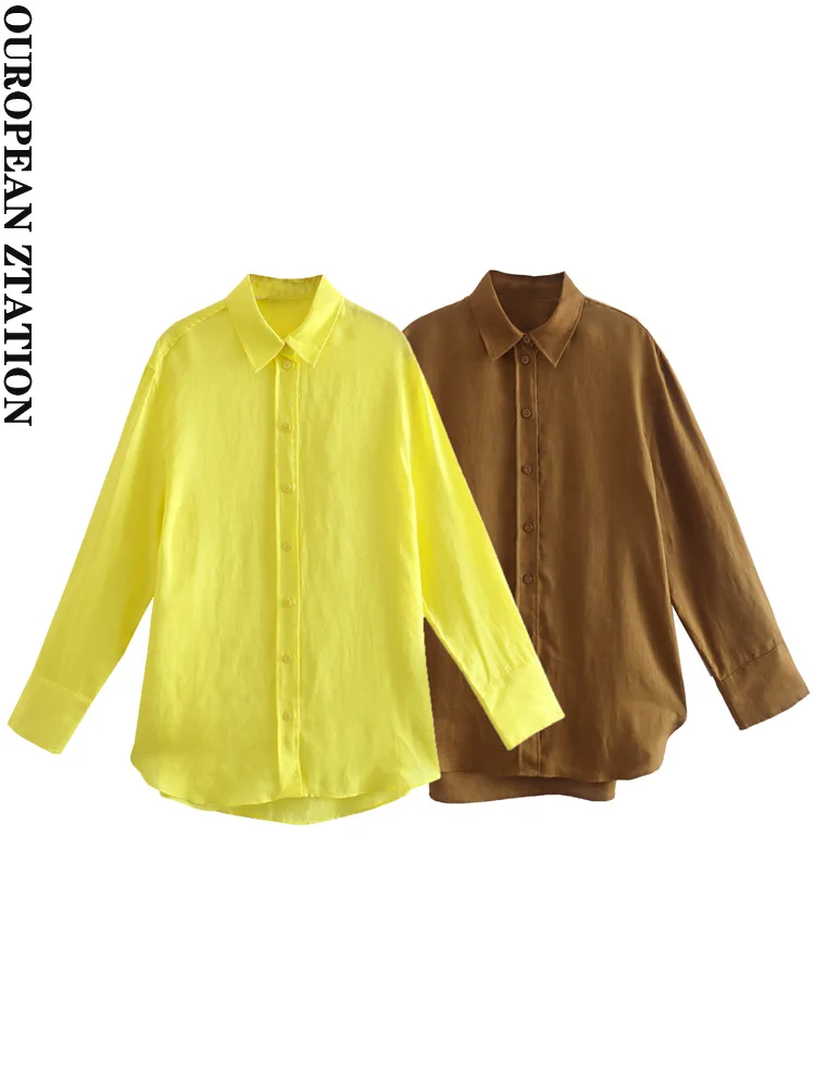 

PAILETE Women 2022 fashion with side vents oversized linen shirts vintage long sleeve button-up female blouses blusas chic tops