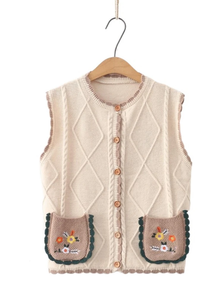 

2023 Autumn Sleeveless V Neck Knitwear Women Knit Vest Sweater Floral Embroidery Contrast Jacquard Fashion Casual Versatile Top