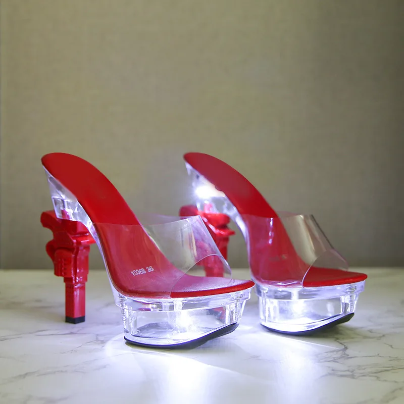

Женские тапочки на очень высоком каблуке, обувь на платформе 14 см, летние водонепроницаемые Нескользящие шлепанцы на толстой подошве со светодиодами