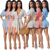 deep v neck fashion solid color two piece set women sexy loose matching sets 2022 summer party beach wear female clothing
