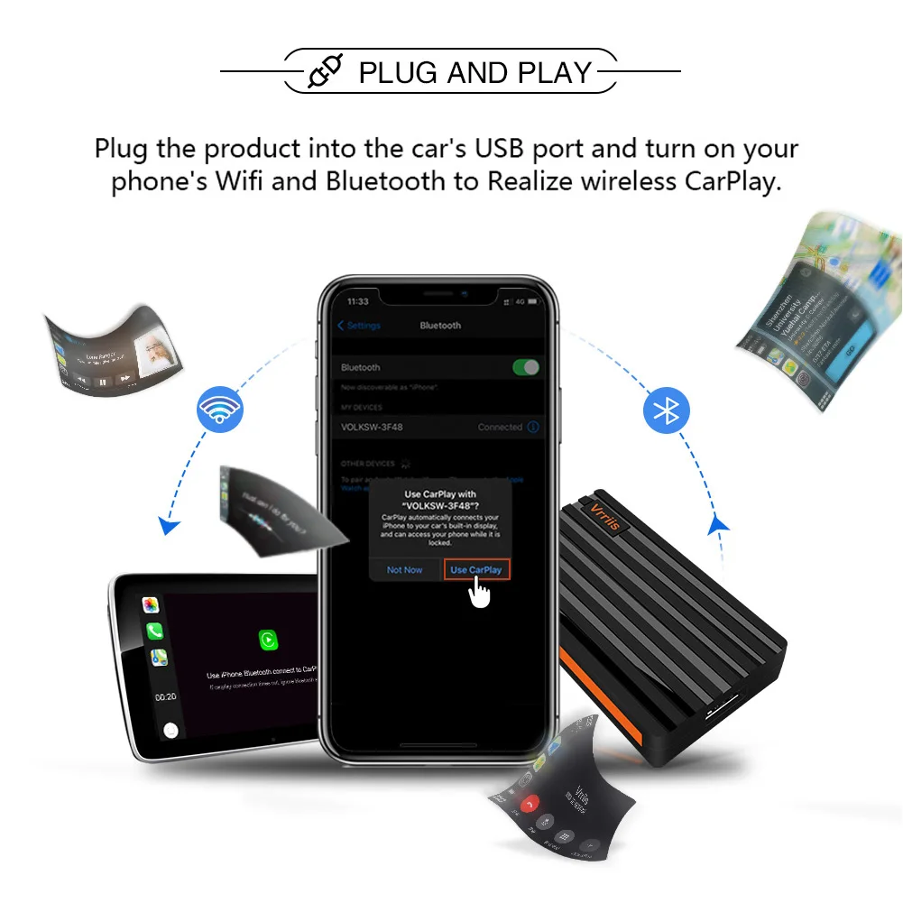 

Car Wired To Wireless Carplay Dongle Video Player USB Make Calls Send & Receive Messages Adapter Dongle Box Navi For Multimedia