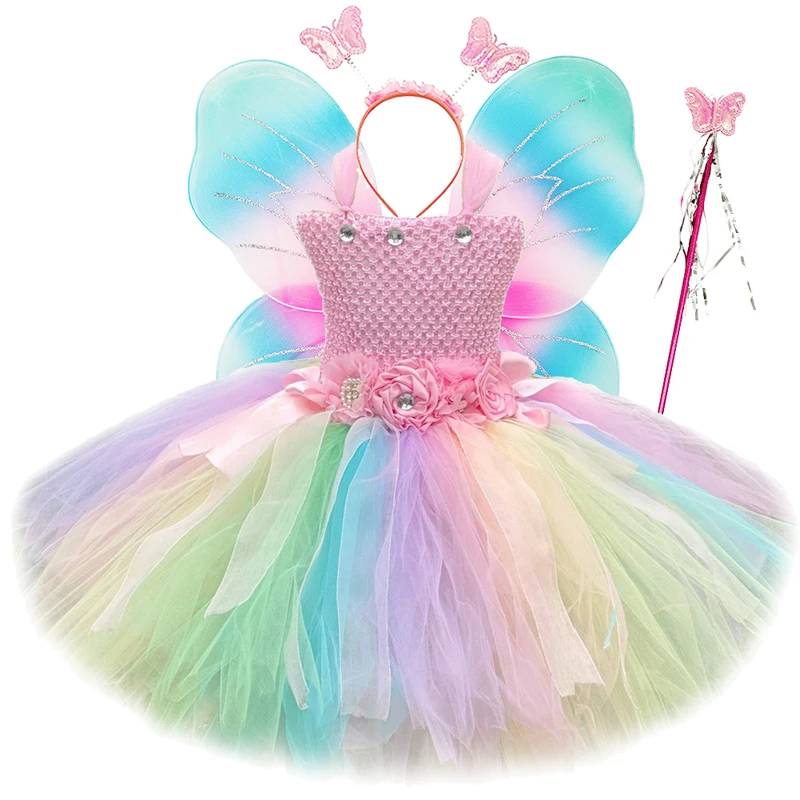 

Pastel Fairy Princess Dresses for Girls Birthday Party Costumes Kids Halloween Tutu Outfit with Butterfly Wings Fancy Dress Set