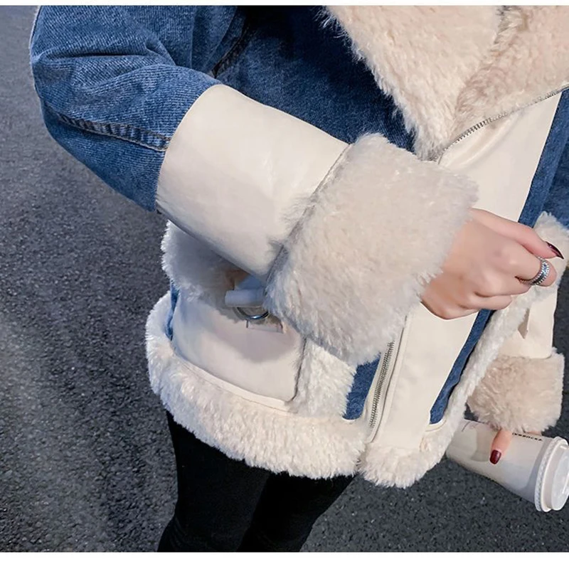 Женская джинсовая куртка из овечьей шерсти джинсовое пальто длинное свободное