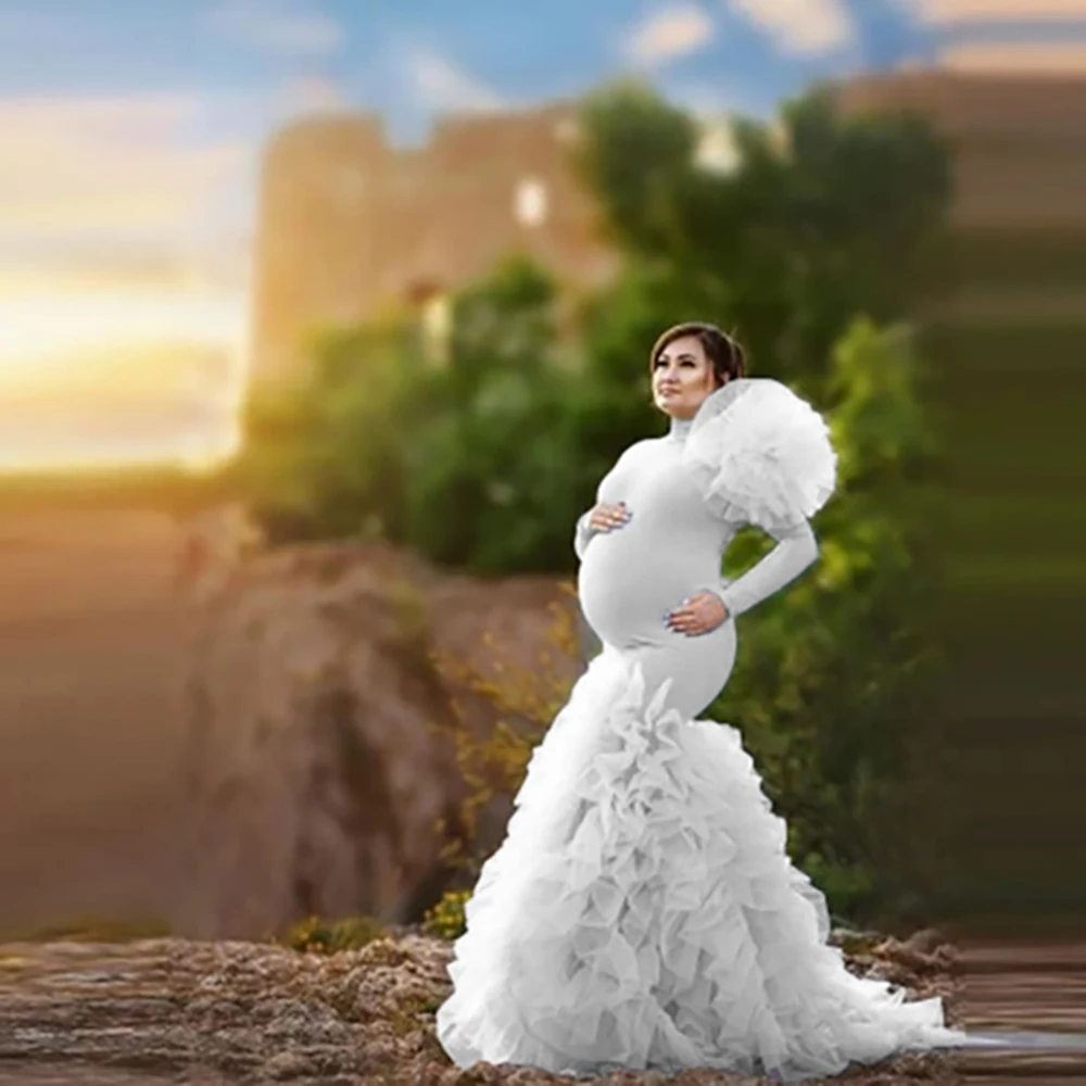 Mermaid Pregnancy photograph Dresses Long Sleeves Big Handmade Flowers Ruffles Flouncing Women Stretch Pregnancy Gown