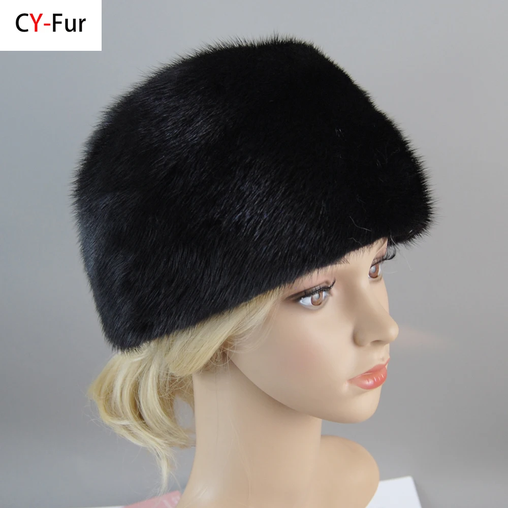 Winter Women Top Real Mink Fur Bomber Hat Lady Genuine Marten Head Warm Black/Brown Caps Outdoor Windproof Warm Mink Fur Hat