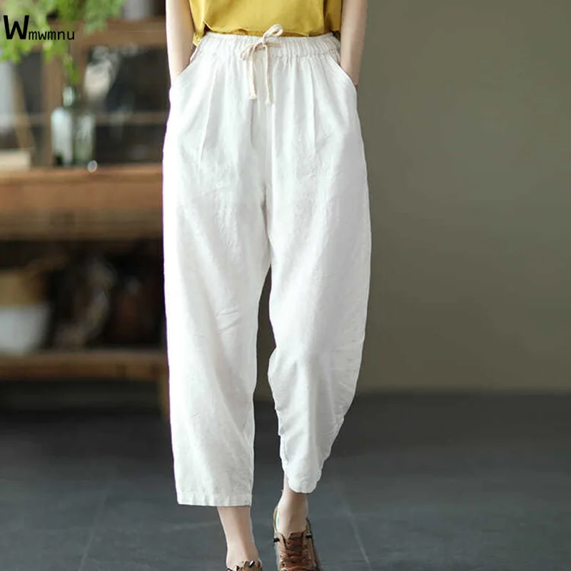 

Oversize 95kg High Elastic Waist Cotton Linen Bloomers Ankle Length Cargo Pantalones Mujer ArmyGreen Baggy Casual Pants Women