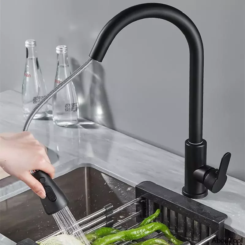 

Faucet Pull-Out Kitchen Hot And Cold Water Faucet All Copper Household Telescopic Rotating Wash Basin Sink With 2PCS Hose