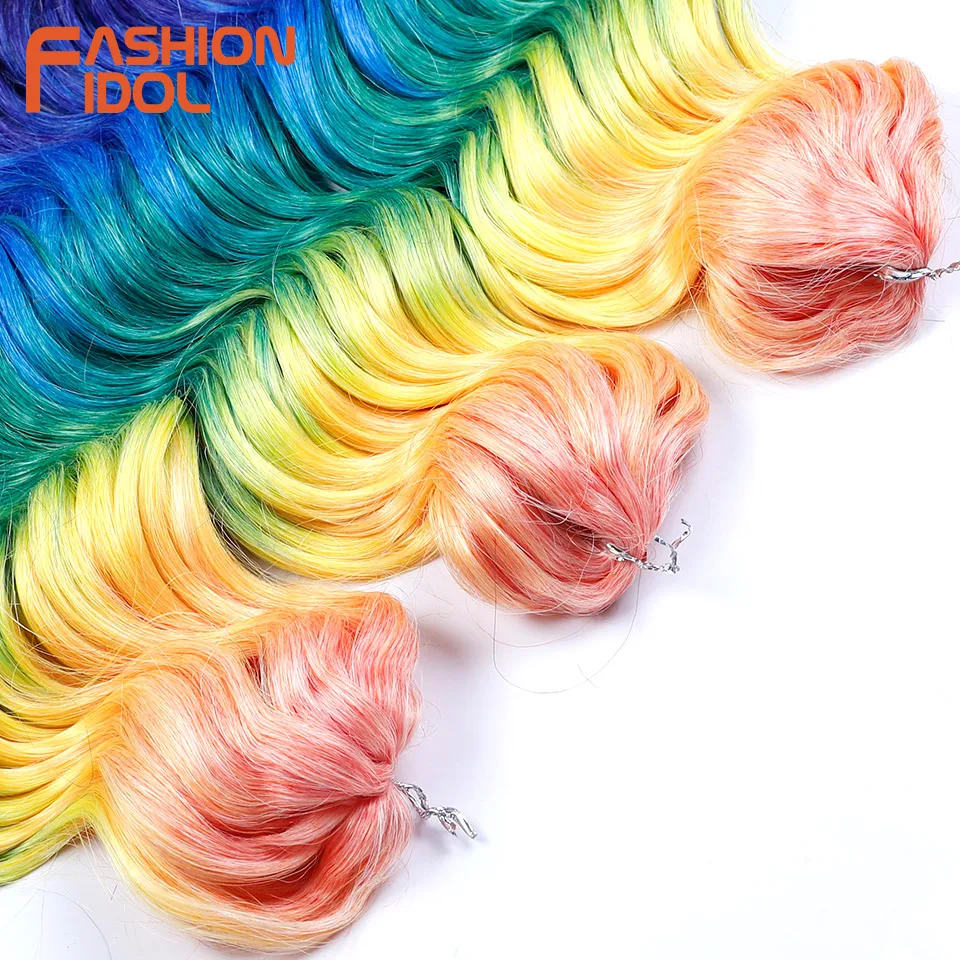Фото FASHION IDOL 16 дюймов 3 шт. глубокие волнистые вязанные крючком волосы синтетические волнистые волосы вязанные крючком косы Ombre Радужные наращивание волос №4