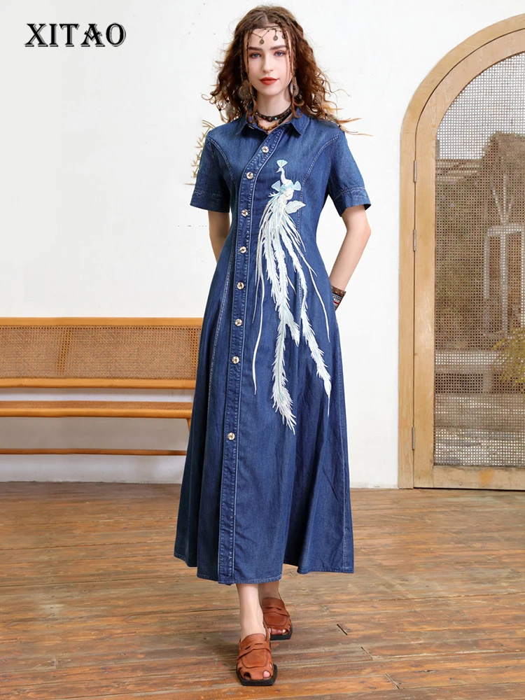 

XITAO Vintage Embroidery Denim Dress Fashion Simplicity Temperament Turn-down Collar Shirt Dress 2022 Summer New Women ZY7039