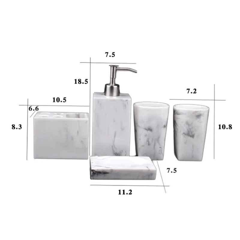 

5pcs Resin Bathroom Accessories Set Bathroom Set Marble Texture Toothbrush Holder Liquid Soap Dispenser Soap Dish Tumblers
