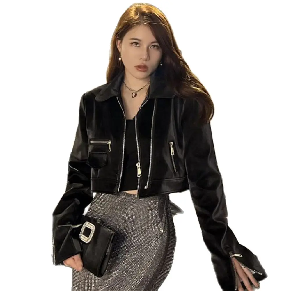 

2024 Spring Imitation Leather Motor Jackets New Collection Long Sleeve Zippers Shoulder Black Short Punk Outerwear Women Coat